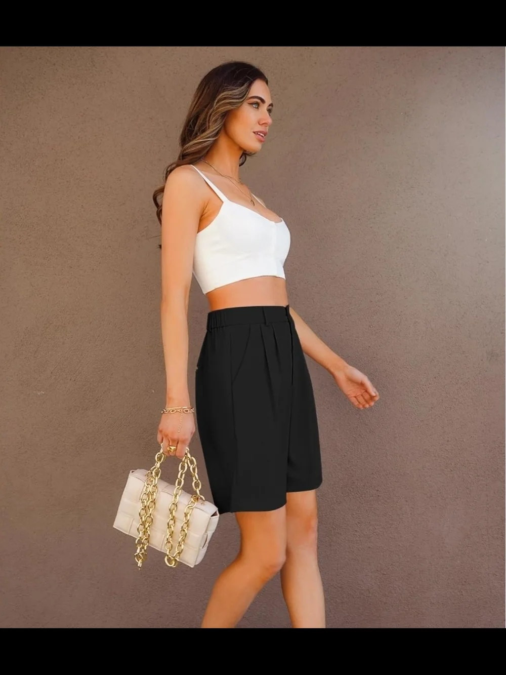 Summer Black Bermuda Shorts with Elastic Waistband - Picture 7 of 12